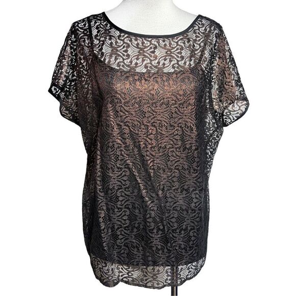 Ann Taylor NWOT Bronze Lace Short Sleeve Blouse with Tank Size M - Picture 1 of 5